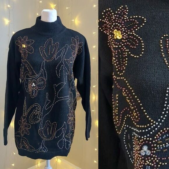 NWT Vintage 90s Cezanne Sweater Mock Neck Beaded Floral Black Size Small - Picture 1 of 9